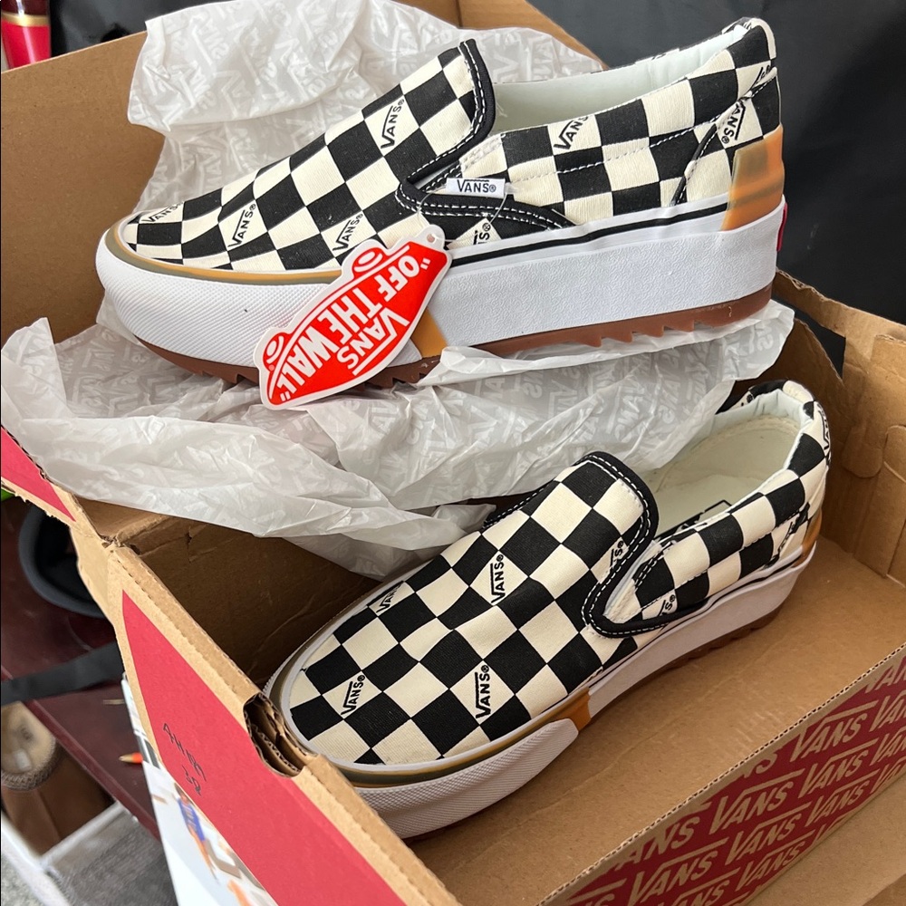 Vans Black and White Checkerboard Platform Slip-Ons